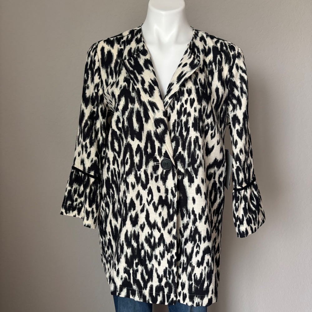 Multiples Black Cream Leopard Print Oversized 3/4 Sleeve Bell Sleeve Jacket Sz M